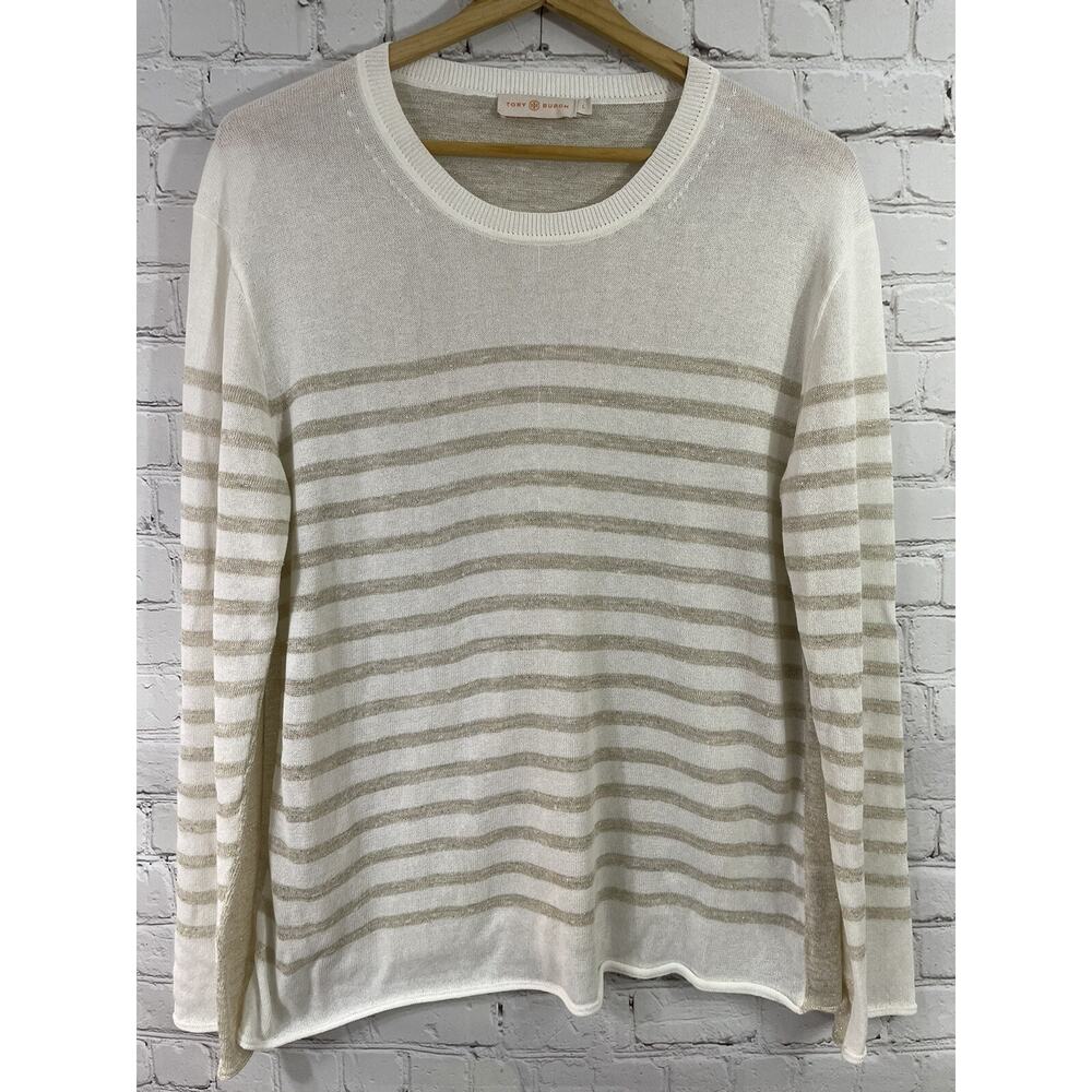 Tory Burch Linen Stripe Sweater large Ivory Metallic Gold Lightweight Top